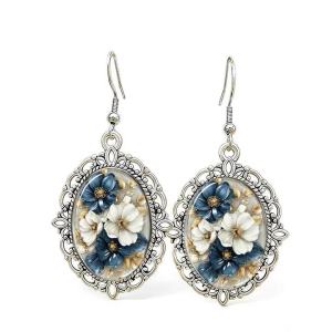 Vintage Oval Flower Glass Cabochon Earrings For Women Blue White Floral Drop Earrings Jewelry Gifts