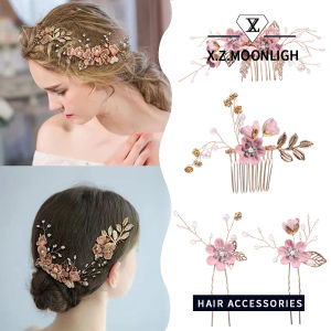 【X.Z.MOONLIGH】Gold Foil Hairdo Handmade Bridal Crown Headdress Flower Comb Hair Ornaments 4-Piece Set