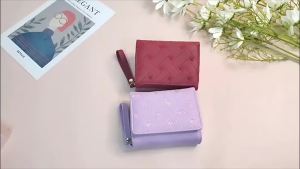 Ví Nữ Gấp Ba Bằng Da PU Thêu Họa Tiết Tình Yêu Túi Đựng Thẻ Thời Trang Có Nhiều Ngăn Ví Ngắn Tối Giản Hàn Quốc