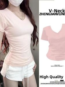 Slim Fit Short Sleeve V-Neck T-Shirt Womens Fashionable Summer New Style Sweet And Spicy Design Sense Commute Style Korean Version