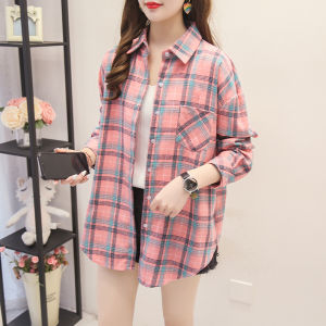 Womens Plaid Long Sleeve Shirt Loose Fit Korean Style Spring Autumn Wear College Style Outerwear Casual Fashion Shirt