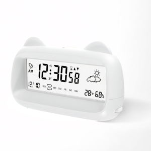 Digital Alarm Clock Display with Week Temperature Humidity Backlight Cute Cat Shape for Kids Adults Bedside Battery Powered