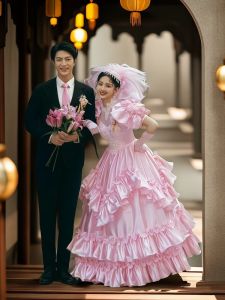 งานแต่งงานเจ้าหญิงสีชมพูสไตล์ฮ่องกงย้อนยุค เดรส อ้วนขนาดใหญ่ กระโปรง การถ่ายภาพท่องเที่ยวภาษาฝรั่งเศส นุ่ม ผ้าซาติน ผ้า