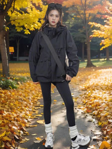 Black Casual Sportswear Jacket Womens Style Spring Autumn New Thin Small Size Short Coat Zipper Pocket Polyester Fiber