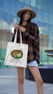Tas Tote Bag Makanan Khas Indonesia Blacu Tebal Resleting Souvenir Lucu Wanita Pria Kuliah Kerja