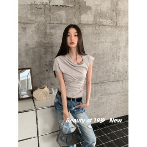 French Style Slim Fit Short Sleeve T-Shirt Womens Summer 2024 Pure Color Hot Girl Short Length round Neck Design Top