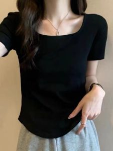 เสื้อยืดคอเหลี่ยมแขนสั้นผ้าโมดอลสำหรับผู้หญิงไซส์ใหญ่ ทรงเข้ารูป สีพื้น แฟชั่นฤดูร้อน เสื้อเชิ้ตฐานคอวี แขนสั้น ทรงเข้ารูป