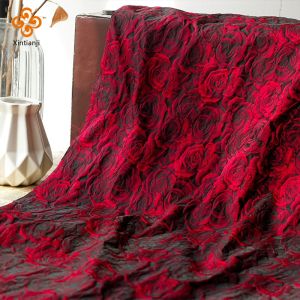 Luxurious Embossed Dark Red 3D Rose Jacquard Fabric Black Yarn-dyed Cloth Womens Dress Suit Bag Fabrics TJ7517