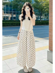 Ge·an·fei | Dot Pattern Short Sleeve T-Shirt and Wide Leg Pants Set
