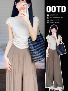 สไตล์ฝรั่งเศส สลิมฟิต เสื้อยืดแขนสั้น ผู้หญิง ฤดูร้อน แฟชั่น เอว Cinched หวาน และสั้นเผ็ด เสื้อท่อนบน ฝูงชนเล็ก