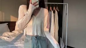Sunscreen Cardigan Thin Women Ice Silk Knitted Tees Perspective Long Sleeve Top Overlay Simple Casual Slim Fashion Vneck T-shirt