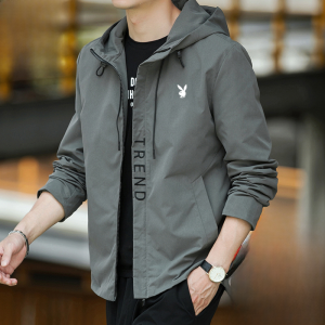 Playboy Mens Hooded Jacket New Autumn Fashion Casual Polyester Fabric Windproof Zipper Closure Long Sleeve Pure Color Youth Trend