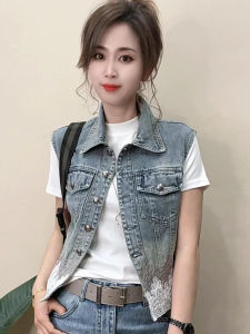 Fashionable Heavyweight Lace Splicing Denim Vest Womens Summer New Style Small Size Trendy Anti-Aging Open Cardigan Top
