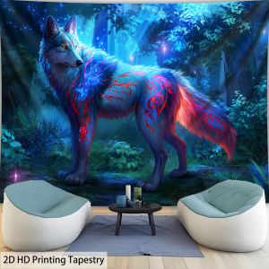 VIKAMA HD Tapestry: Enchanted Forest Lone Wolf Blue-Purple Gradient Wall Art Mystical Atmosphere Room Decor Theme