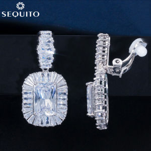 SEQUITO Luxury Women White Gold Plated Drop Dangle Clip On Earrings Rectangle Cut Dazzling AAA Cubic Zirocnia Elegant No Hole Pierced Ear Jewelry for Wedding Engagement SE813