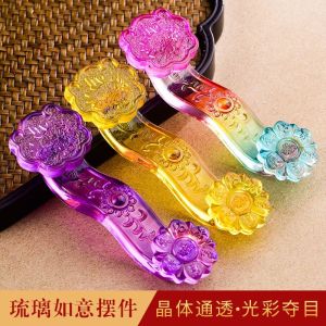 招财 七彩琉璃如意摆件工艺品开业礼品水晶吉祥如意家居客厅创意装饰品礼物 Colorful Glass Ruyi Decoration Handicraft Opening Gift Crystal Auspicious Ruyi Home Living Room Creative Decoration Gift