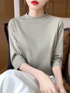 Pure Cotton Short Sleeve T-Shirt Womens Three-Quarter Sleeve Loose Mock Neck Spring and Summer New Arrival Square Shoulder Inner Mercerized Cotton Base Tops