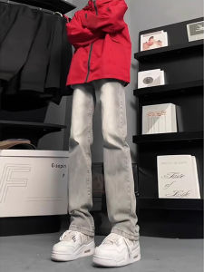 Grey Cement Smoke Washed Straight Leg Mens Jeans American High Street Retro Vibe Casual Pants mid Waist Zipper Closure