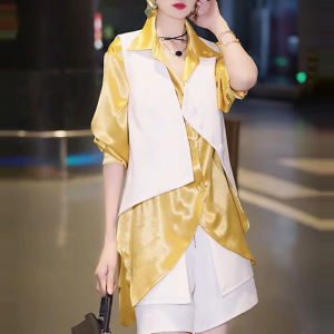 Slimming Loose Fit Summer T-shirt And Waistcoat Set for Womenmid-length Casual Fashion Design Sense Polo Neck Button Style