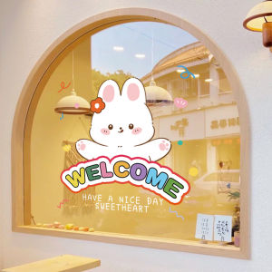 Ins Style Glass Window Stickers Adorable Bear Rabbit Cartoon Decals Static Cling Wall Mural Shop Display Decorations PVC Material