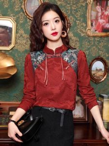 WANGGONGZHU | Red Cheongsam Shirt Womens Spring Autumn New Chinese Style Stand Collar Button Up Long Sleeve Fashionable Top Princess Style