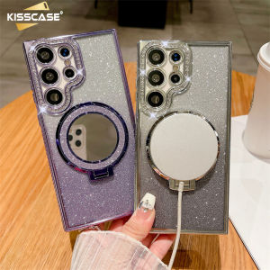 KISSCSAE Mirror Magsafe Bracket Case For Samsung S24Ultra Mobile Phone Case Electroplated Invisible Phone Holder Stand Make-up Mirror Stander S22Plus+ Rhinestone Diamond Border Frame Gradient Glitter For Galaxy S24 S23 S22 Ultra Plus Back Cover Shell Case