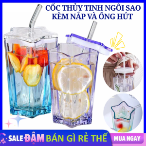 Cốc Thủy Tinh Ly Pha Lê Ngôi Sao Kèm Ống Hút Và Nắp Đậy Kín Chống Đổ Tràn - Cốc Uống Nước Chịu Nhiệt / Ly Thủy Tinh Sạng Trọng Chịu Nhiệt Tốt
