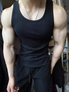 Pure Black American Style Fitness Clothes Mens Threaded Large Collar Vest Summer Muscle Show Sports Strapless Sleeveless T-shirt