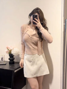 เสื้อเชิ้ตแขนกุดผ้าถักสไตล์ย้อนยุคขนาดใหญ่สำหรับผู้หญิง ชุดสองชิ้น คอวี แขนยาว เส้นใยโพลีเอสเตอร์ เสื้อคลุมกันหนาวแบบสวมหัว