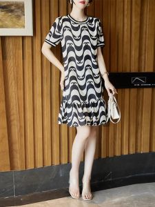 Sweet Fresh Cat Print A-Line Dress Korean Style Striped Summer New Arrival Womens Midi Dress Polyester Fiber Short Sleeve