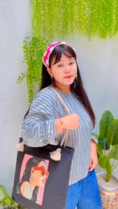 Tas tote Totebag hitam Wanita Kanvas warna gelap sablon gambar motif sumbu tambang murah semarang