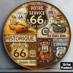 Route 66 Vintage French/English Round Retro Route 66 Metal Plaque for Cave or Auto Shop Wall Decor Motorcycle Themed Gift