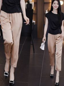 กางเกงขายาวทรงตรงเอวสูงผ้าซาตินอะซิเตทสำหรับผู้หญิงในช่วงฤดูร้อน กางเกงขายาวทรงขากระบอกบางใหม่ กางเกงขายาวทรงฮาราจูกุผ้าไหมน้ำแข็ง