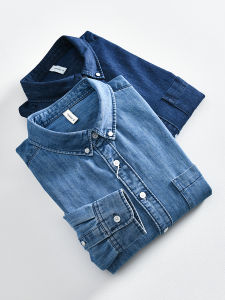 Excellent Quality American Retro Mens Soft Washed Long Sleeve Collared Denim Shirt Jacket Autumn Youth Casual Breathable Moisture-Wicking Standard Fit Pure Color