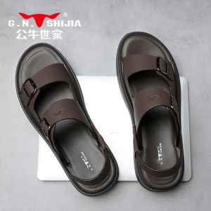 Fathers Day Gift Bull Family Leather Slippers Mens 2025 New Summer Outdoor Sandals Genuine Leather Beach Slippers