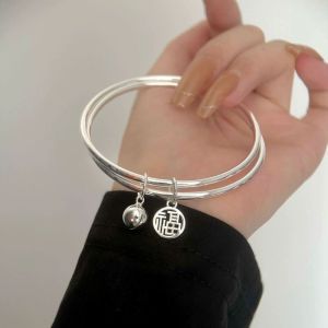 Fashion Good Luck Double Layer Fu Bell Bracelet Silver Color Trend Elegant Pendant Bangles For Women