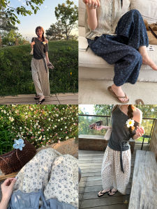 Linen Cotton Floral Country Style Wide Leg Lantern Pants