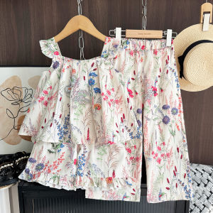 Menoea ชุดเสื้อยืดและกางเกงแขนยาวจับจีบสำหรับลายดอกไม้สำหรับเด็กผู้หญิงเด็กทารกชุดกางเกงสั้นใส่หน้าร้อนเสื้อผ้าเด็ก3-7ปีเสื้อผ้าลำลอง