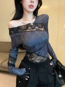 GUZILIAN | American Style Spicy Girl Irregular Lace Splice High-End Sensation Slimming Womens Top Autumn Winter New Style Inner Wear Base Shirt