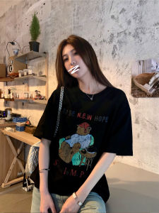High-Quality Cotton American Vintage Bear Print Short-Sleeve T-Shirt Women Summer Loose Casual Lazy Half Sleeve Top
