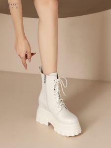 Womens Martin Boots Spring Autumn Short High Heel Padded Bottom Stylish Cross Buckle Waterproof Platform round Toe Booties