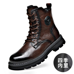 รองเท้าบูทมาร์ตินหนังนิ่มสไตล์มอเตอร์ไซค์สำหรับผู้ชาย ทรงหุ้มข้อต่ำ ทรงหุ้มข้อสูง พื้นหนา รองเท้าบูทกลางแจ้ง หนังแท้ บูทบุขนแกะ บูทบุขนแกะ รองเท้าบูทหุ้มข้อสูง