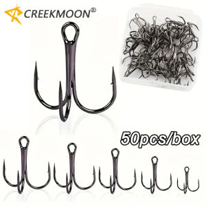 50pcs/box Black Nickel Super Sharp Treble Fishing Hooks Carbon Steel for Hard Lure Round Bent Triple Artificial Lure Fishhooks