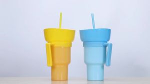 1000ML 2 In 1 Snack Cups with Straw Leak-Proof Snack & Drink Cup Popcorn Beverage Cup Water Bottle For Kids Cinema Home Travel