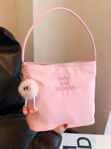 Pink Nylon Bucket Bag Womens Unique Design Handbag Underarm Single Shoulder Bag Fashionable Casual Style Small Size Bag