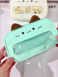 Cute Cat Ear Pencil Case with Transparent Window Large Capacity Polka Dot Pen Bag for Girls School Stationery Organizer