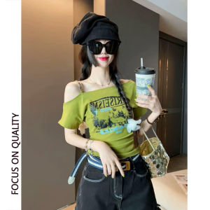 LUOFEN | Off-Shoulder Short Sleeve T-Shirt Summer Fashionable Slant Collar Print Sleeveless Green Fitted Top