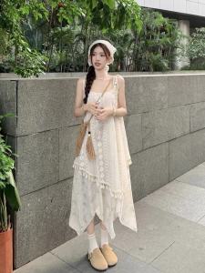 Bohemian Lace Halter Dress Women Summer Ethnic Tassel Asymmetrical Skirt Cover up Long Dress High Waist Hollow out Sleeveless