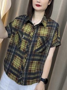 Fashionable Casual Retro Plaid Shirt Summer New Style Short Sleeve Slimming Top Korean Version Loose Fit Button Detail Polyester Fiber