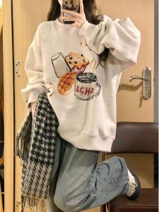 Heavyweight Oversized round Neck Hoodless Sweatshirt Womens New Autumn 2024 Floral Grey Lazy Style Long Sleeve Top Jacket Trendy